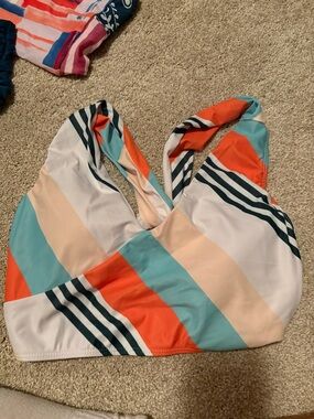 Striped Colorblock Halter Swim Top - Coral, Teal, cream